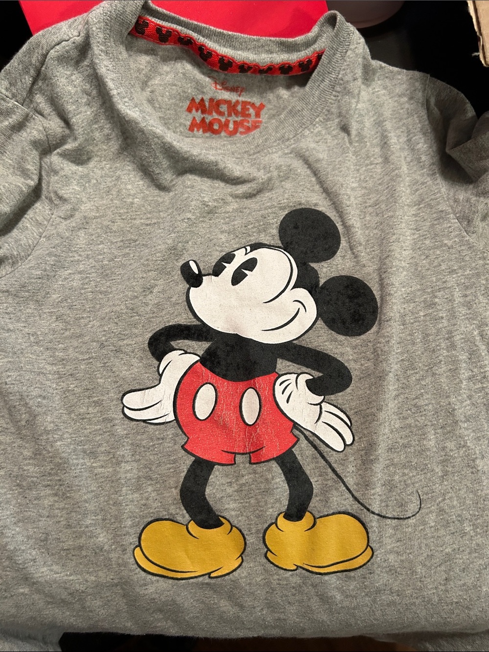 Disney Gray Mickey Mouse Graphic Tee with Red and Yellow Accents